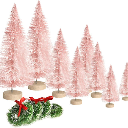 8pcs Mini Christmas Tree, Artificial Bottle Brush Trees with Wood Base, Tabletop Miniature XmasTrees with 4 Small Christmas Wreath, Fake Xmas Tree Ornament, White Christmas Tree for Christmas Décor