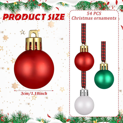 Wettarn 54 Pc Mini Red Green and White Christmas Ball Ornaments 1.18 Inch Shatterproof Small Plastic Hanging Ornament for Xmas Tree Wreath Holiday Decor