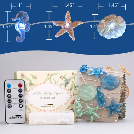 Impress Life Nautical Theme Decorative String Lights, Ocean Decor Under The Sea Sand Dollars Seahorse Beach Lights Battery&USB Plug in with Remote 10 ft 30 LEDs for Covered Outdoor Birthday Party