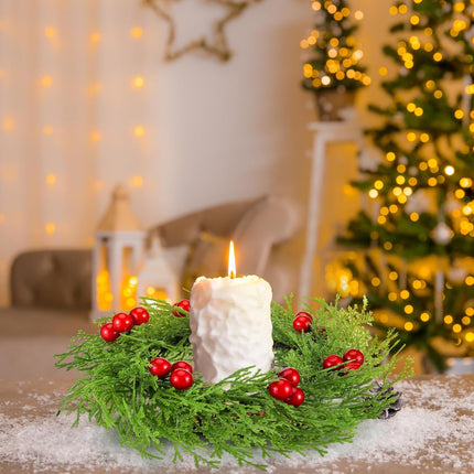 8 Pcs Christmas Candle Rings Wreath Red Artificial Cedar Berry Candle Ring Holder Mini Window Wreaths for Home Christmas Holiday Table Centerpiece