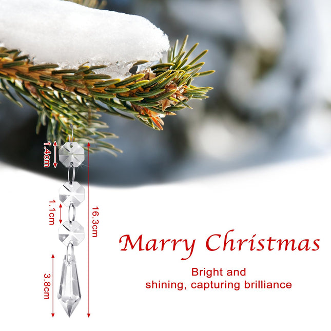 Nuenen 100 Pcs Christmas Hanging Crystals for Centerpieces Acrylic Crystal Ornaments for Christmas Tree Decoration Teardrop Prisms Pendant Chandelier Clear Garland for Wedding Window Home(Icicle)