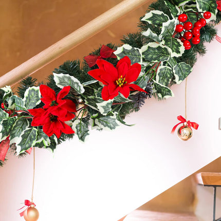 AnyDesign 15.7Ft Christmas Artificial Garlands with Red Poinsettias Berries Holly Leaves and Snowy Pine Cones Faux Vine Hanging Garlands for Winter Xmas Party Home Wedding Frame Backdrop Decor, 2Pcs