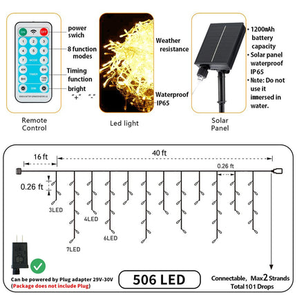 Solar Icicle Lights Outdoor Decorations - 56Ft 506 LED Icicle Christmas Lights Outdoor Waterproof with Remote, 8 Modes Warm Icicle String Lights with 101 Drops for Fireplace Wedding Porch Decor