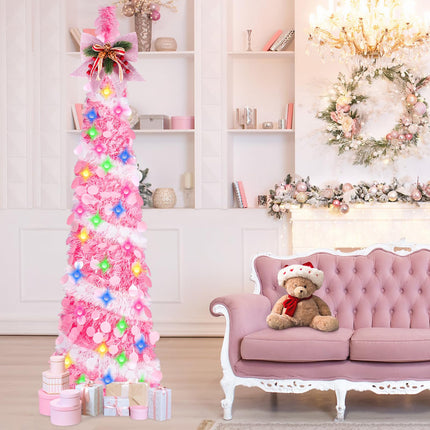 5Ft Pop Up Tinsel Christmas Tree with LED Lights, Sequins, Tree Topper, Collapsible Pencil Christmas Tree Artificial, Holiday Indoor Christmas Decoration for Home, Office, Apartment Xmas Décor