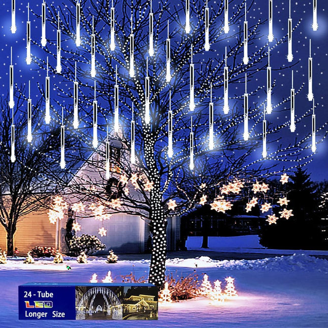 Outdoor Christmas Lights: 24Tubes(Equivalent to 3 Sets of 8-Tubes) Meteor Shower Lights Icicle White Christmas Lights Outdoor for Xmas Tree Halloween Decoration Wedding Party Window