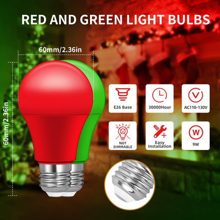 Red Light Bulbs Green Light Bulbs, [4 Pack] A19 LED Red and Green Bulbs, Christmas Light Bulbs, 60W Equivalent 9W, E26 Red Green Porch Light Bulb Outdoor for Christmas, Party, Home Lighting