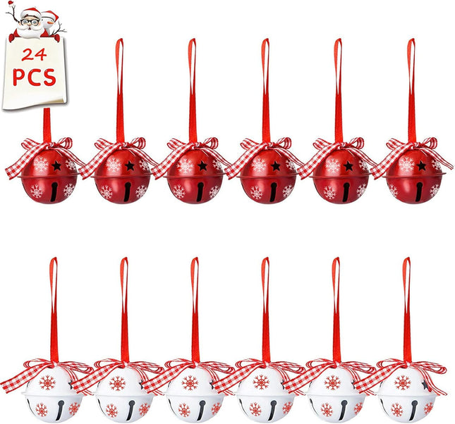 24 Pcs Christmas Jingle Bells Metal Decorative Bells with Ribbons 1.6" Xmas Tree Ornaments for Wreath Crafts Holiday Home Decorations, Bulk
