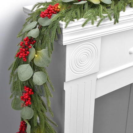 Real Touch Norfolk Pine Garland with Lights, Red Berries and Eucalyptus Leaves, Christmas Garland for Year and Home Decoration, 6FT