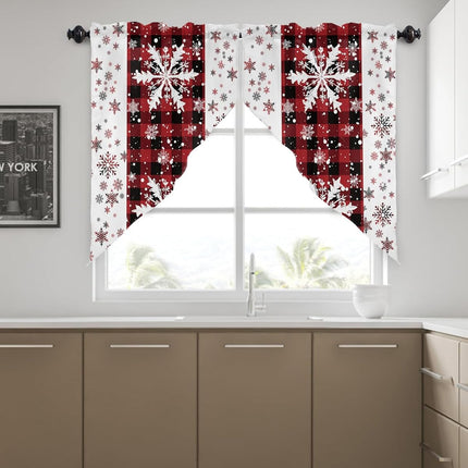 Christmas Curtains Swag Valance Snowflakes Red Black Buffalo Plaid White Rod Pocket Kitchen Curtains Winter Holiday Window Valances Swag Curtains for Christmas Decorations, 1 Pair, 28"W x 36"L