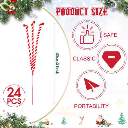 Soaoo 24 Pcs 21 Inch Christmas Bells Curly Pick Red and White Christmas Decorations Candy Shape Christmas Tree Picks Christmas Ornaments Branches for Xmas Tree Wreath DIY Crafts Vase Filler Holiday