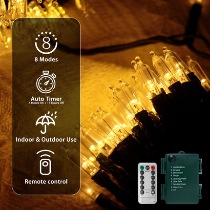 Battery Operated Christmas Lights, 33Ft 100 LED Warm White String Lights with Auto Timer & 8 Modes & Remote Control, Shatterproof Waterproof for Outdoor Indoor Wedding Party Home, Green Wire
