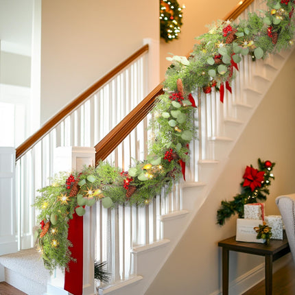 6FT Prelit Christmas Garland Decorations, Realistic Green Cypress Pine Garland with Lights Battery Operated for Mantle Stairs Railing Fireplace Table Indoor Xmas Decor, 6FT