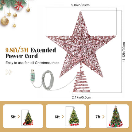 Lewondr Christmas Star Tree Topper, 11.4inch Sequins Xmas Tree Topper with 6H Timer & 8 Light Modes, Remote Control & USB Powered Star Treetop for Home Christmas Tree Decoration, 20 LED Bulbs, Pink