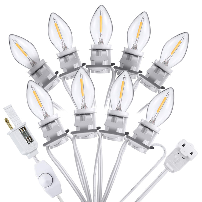 Meonum Accessory Cord with 9 LED Light Bulb, 18ft Christmas Village Lights Cord with Dimmer Switch, C7 Blow Mold Lights for Christmas Village Houses, Halloween Pumpkin Holiday Crafts Decoration, White