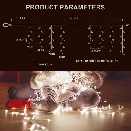 Icicle Christmas Lights Outdoor,520 LED 49.2FT 8 Modes with 80 Drops Cool White Icicle Lights,Remote Control Outdoor Indoor Fairy String Lights for Christmas Party,Holiday Decorations