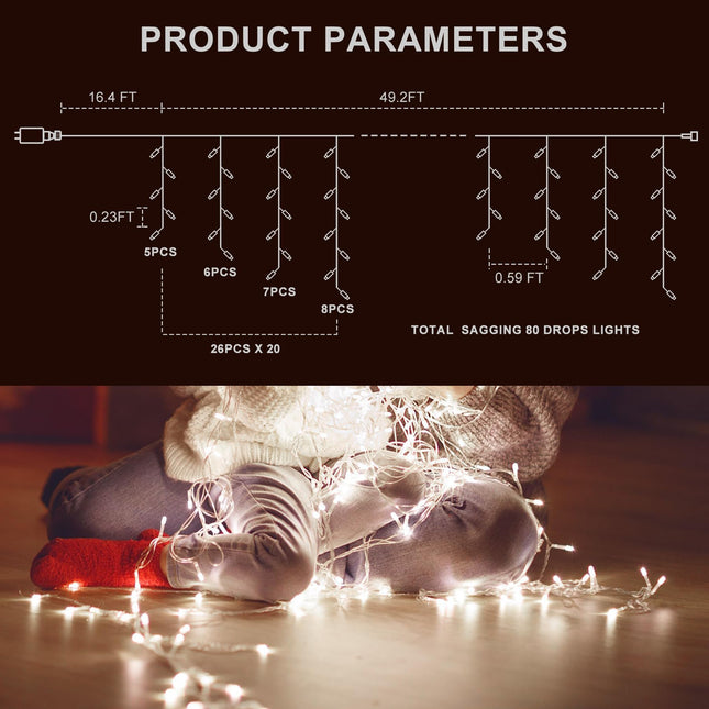 Icicle Christmas Lights Outdoor,520 LED 49.2FT 8 Modes with 80 Drops Cool White Icicle Lights,Remote Control Outdoor Indoor Fairy String Lights for Christmas Party,Holiday Decorations
