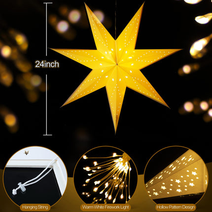Hiboom Paper Star Lantern 24 Inch, 8 Mode 50 LEDs Firework Fairy String Lights, Light up Hollow Out Star Hanging Decoration for Indoor Outdoor Room Wedding Christmas Party (7-Point Star, 1 Set)