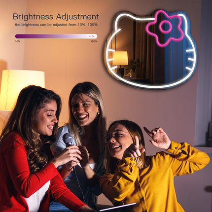 Hello Kit Neon Sign Anime Cute Cat Neon Light up Mirror Kawaii Neon Sign Room Decor for Girl's Room Bedroom Birthday Halloween Christmas 16x14in