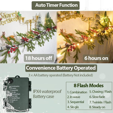 Superior Christmas Garland 6.56 FT 40 Rice LED Pine Garlands with Lights Battery Operated with Timer 8 Flash Modes Christmas Decoration for Mantle Fireplace Indoor Outdoor Holiday Home Xmas Decor