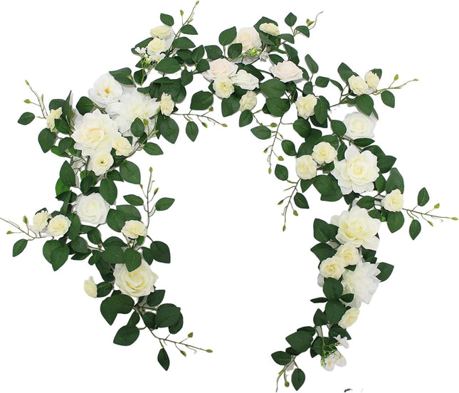 Artificial Flowers Eucalyptus Garland with Flowers 6FT Fall Flowers,Wedding Arch Flowers,Wedding Table Garland,Flocked garland, Wedding Decorations,garland christmas decorations ( white)
