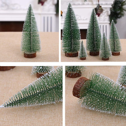 5 PCS Christmas Trees Desktop Miniature Pine Tree Artificial Mini Christmas Sisal Snow Frost Trees with Wooden Bases Plastic Winter Snow Ornaments Tabletop Trees for Christmas Party Home Decor