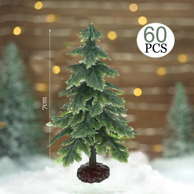 60 Pcs 2.8 Inches Mini Christmas Tree Artificial Christmas Tree Miniature Craft Christmas Pine Tree with Plastic Base for Xmas Party Cake Toppers Kitchen Office Desktop Craft Decorations