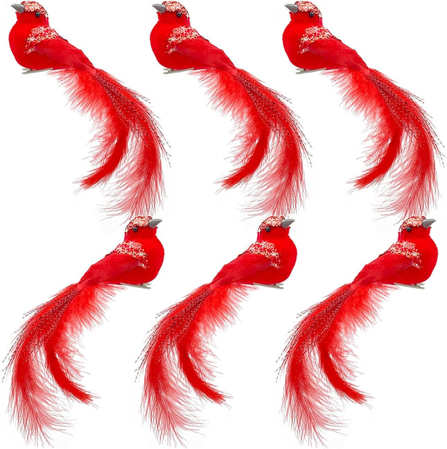BleSky 6 PCS Red Cardinal Birds with Clip Christmas Tree Decoration Artificial Red Birds with Feathers for Xmas Wedding Winter Theme Decor Wreath Ornaments DIY Crafts