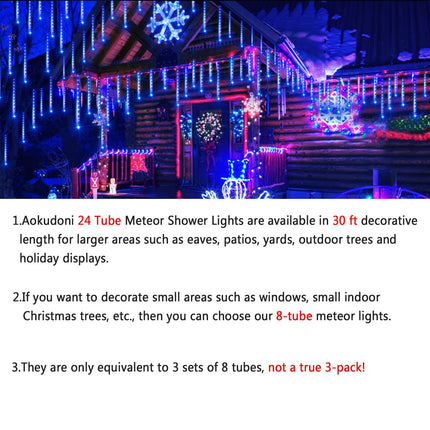 Outdoor Christmas Decorations, 24 Tubes(Equivalent to 3 Sets of 12Inch 8-Tubes) Meteor Shower Lights Snow Falling Icicle Christmas Lights Outdoor for House Tree Halloween Garden Decor, UL Plug, Blue