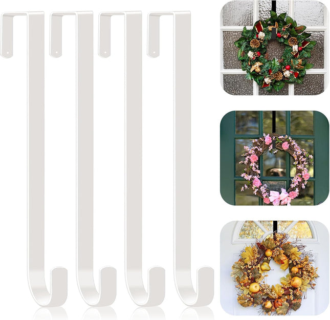 4 Pack Wreath Hanger for Front Door, 12" Wreath Door Hanger for Halloween Wreath, Over the Door Hanger Hook Metal Wreath Hook, Garland Hanger, Wreath Holder for Christmas Fall Wreath Decorations-White