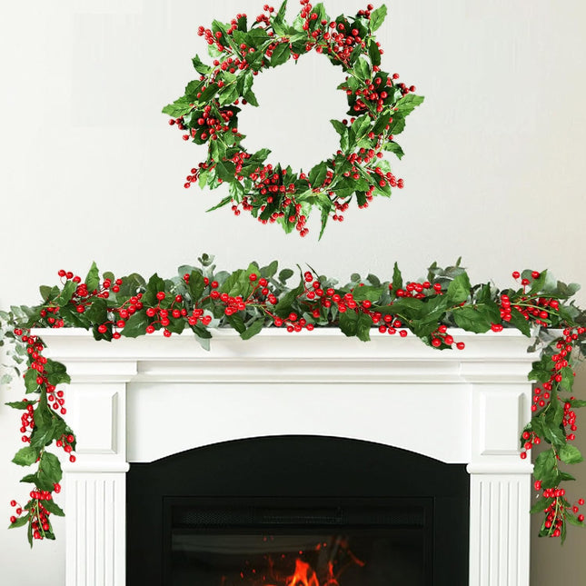6 FT Red Berry Christmas Garland,Flexible Artificial Berry Garland,Christmas Garland Greenery with Holly Leaves Red Berries for Christmas Decorations,Winter,Holiday,Indoor Outdoor Decor