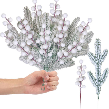 24PCS Christmas Berries Red Stems Evergreen Pine Needles Branches Fake Berry Frosted Pine Picks Greenery Stems for Crafts Wreaths Holiday Decor (White)