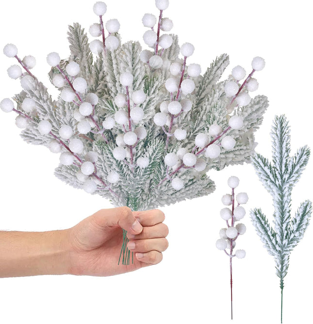 24PCS Christmas Berries Red Stems Evergreen Pine Needles Branches Fake Berry Frosted Pine Picks Greenery Stems for Crafts Wreaths Holiday Decor (White)
