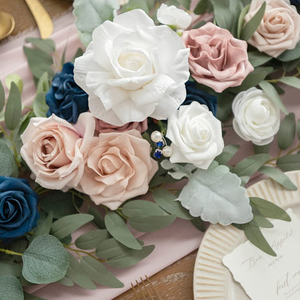 Ling's Moment Flower Garland - 6FT Eucalyptus & Rose - Sweetheart Table Decor for Wedding Reception, Artificial Floral Garland for Mantle, Thanksgiving, Christmas Decoration, Dusty Rose & Navy