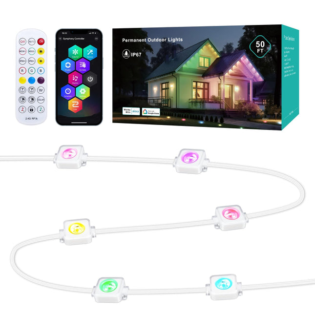 REYLAX Permanent Outdoor Lights for House, 50ft 30 RGBW LEDs Eaves Lights,Dimmable, Music Sync, IP68 Waterproof for Outdoor Decor, Daily and Holidays Accent Lighting, Work with APP & Remote Control