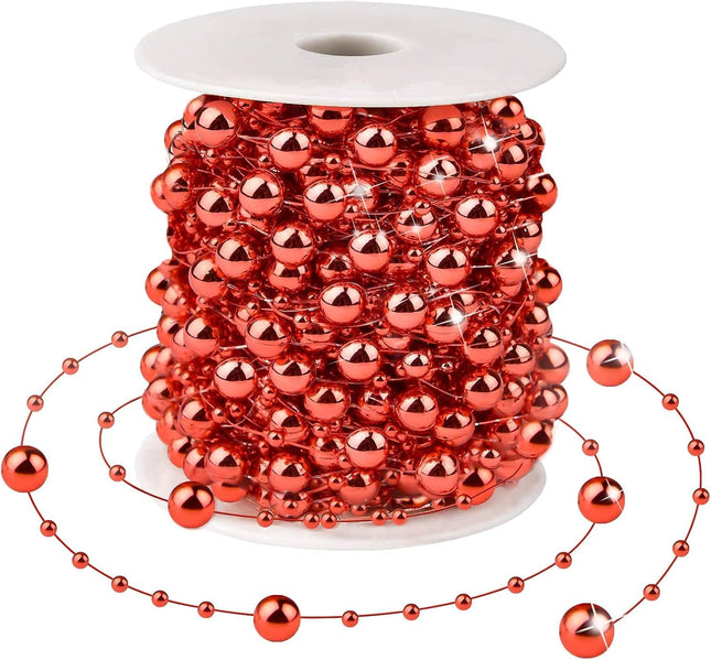 Christmas Tree Beads Garland Decorations,66Ft Strands Chain Pearls Beads String for DIY Christmas Tree Wreath, Xmas Decor Beaded Garlands for Stairs Fireplace Wedding Holiday Party (Red)
