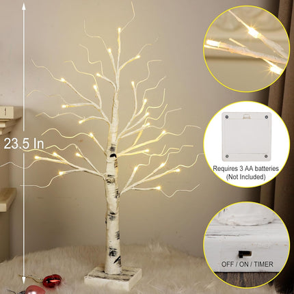 22 Inch Lighted Birch Tree, Pre-Lit White Birch Twig Tree Lights, Battery Operated Tabletop Tree Lights, Mini Artificial Trees with Lights for Centerpiece Mantel Home Decor, 2 Pack