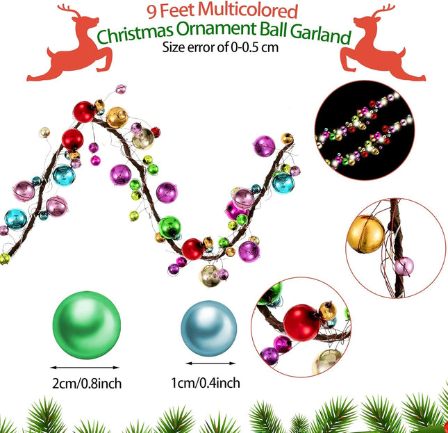 9 Feet Christmas Ornament Ball Garland Multicolored Ball Ornament Xmas Tree Balls Ball Bulb Garland Christmas Lighted Bulb Garland with LED Light for Christmas Tree Fireplace Wreath Decor (1 Set)
