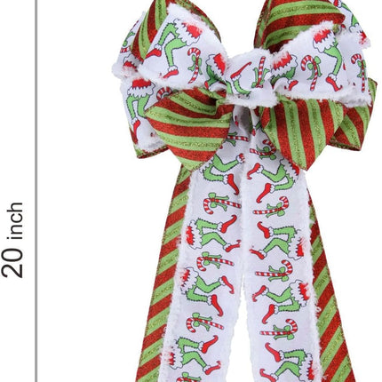 Large Red Green Gillter Stripes Christmas Bow 20x10 Inch Candy Elf Leg Ribbon With Snowdrift Wreath Bows for Outside Tree Topper Bow Garland Home Indoor Outdoor Party Decor(Christmas)