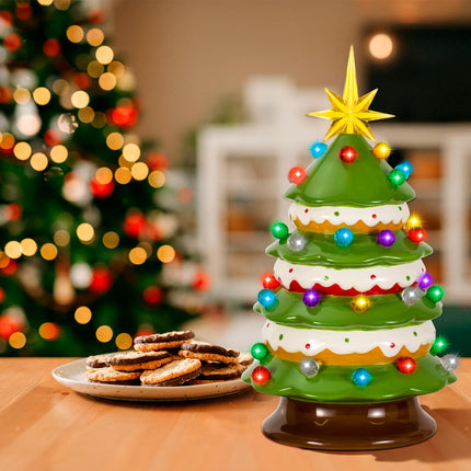 Tfro & Cile Ceramic Christmas Tree Decor 15 Inch Xmas Indoor Statue Tabletop Home Decoration Battery Powered LED Light for Party