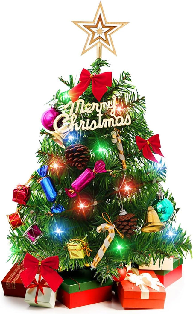 20 Inch Christmas Tree with Light Small Table Top Christmas Tree with LED String Lights, Star Treetop, Ornaments Balls Artificial DIY Christmas Table Decoration