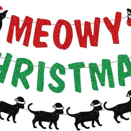 Glittery Meowy Christmas Banner Cat Themed Christmas Party Banner Decorations for Wall Fireplace Party Decor Supplies