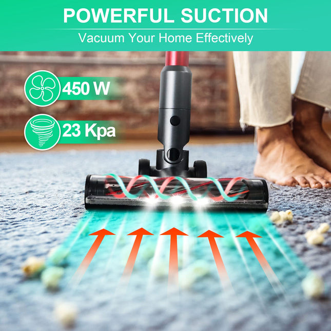 Cordless Stick Vacuum Cleaner, 55 Minutes Runtime, 450W Motor, Led Touch Display, Dust Sensor Technology, Adjustable 7 Power Modes For Hardwood Floors, Carpet, Pet Haire21 Pro, Red