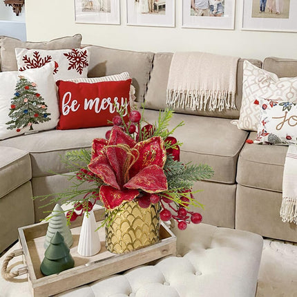 Briful 9.8 Inch Christmas Tree Small Artificial Potted Christmas Arrangment in Gold Pot with Red Berries,Holly,Red Magnolia Xmas Flowers for Centrepieces Table Farmhouse Countertop Décor