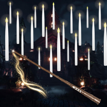 Floating Candles with Wand, 20 Pack Halloween Flameless Candles Battery Operated LED Taper Hanging Candles Electric Candle for Christmas Halloween Birthday Party Decor
