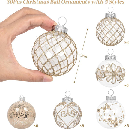 30PCS Christmas Ball Ornaments 60mm/2.36" Large Shatterproof Clear Plastic Farmhouse Rustic Champagne Christmas Ornaments Hanging Christmas Tree Decorations Set Xmas Party Home Decor in 5 Styles