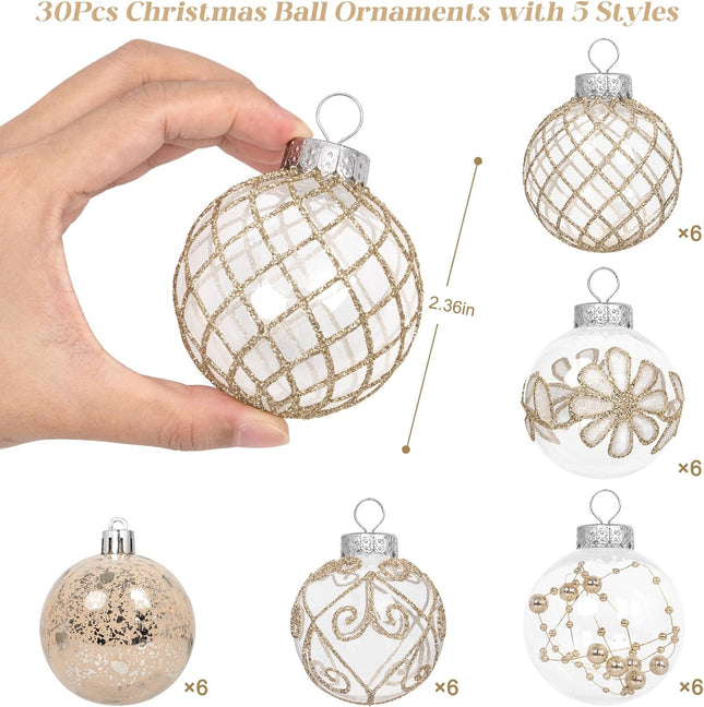 30PCS Christmas Ball Ornaments 60mm/2.36" Large Shatterproof Clear Plastic Farmhouse Rustic Champagne Christmas Ornaments Hanging Christmas Tree Decorations Set Xmas Party Home Decor in 5 Styles