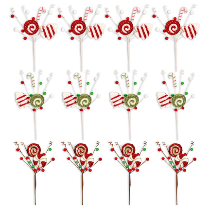 Jutom 12 Pcs Christmas Tree Picks Candy Cane Decor Candy and Lollipop Pick Christmas Tree Decoration Red Green and White Stripes Christmas Ornaments for Xmas Tree Home Decorations Holiday