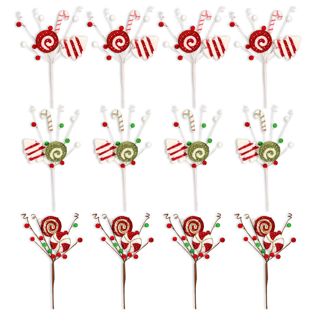Jutom 12 Pcs Christmas Tree Picks Candy Cane Decor Candy and Lollipop Pick Christmas Tree Decoration Red Green and White Stripes Christmas Ornaments for Xmas Tree Home Decorations Holiday