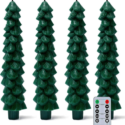 4 Pack Christmas Tree Candles with Remote, 9.65 Inch Real Wax flameless Taper Candles, LED Candles Battery Operated with 3D Flickering Flame, Green Candlesticks Christmas Decor