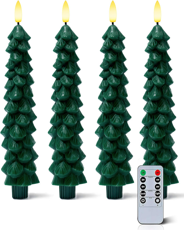 4 Pack Christmas Tree Candles with Remote, 9.65 Inch Real Wax flameless Taper Candles, LED Candles Battery Operated with 3D Flickering Flame, Green Candlesticks Christmas Decor
